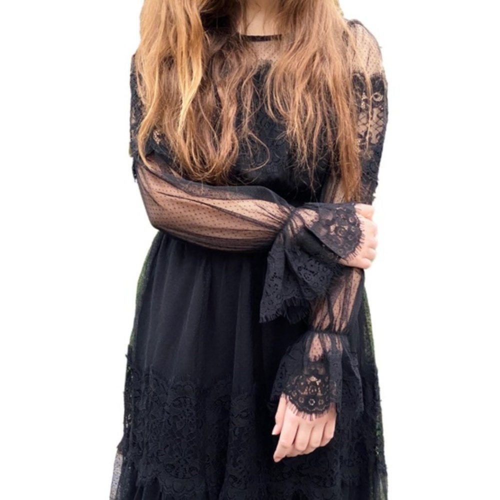 Boho Elegant Black Ruffle Lace Midi Dress